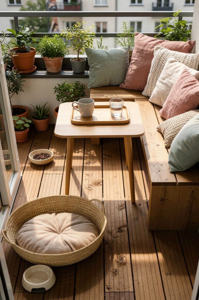 small balcony with pillows, plants and decorative accents creating a cozy personalized outdoor space
