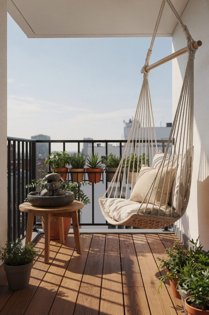 small balcony retreat with hammock chair, plants and tabletop fountain