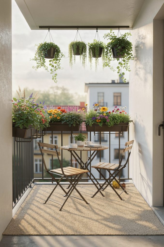small apartment balcony with hanging planters and railing flower boxes creating a vertical garden