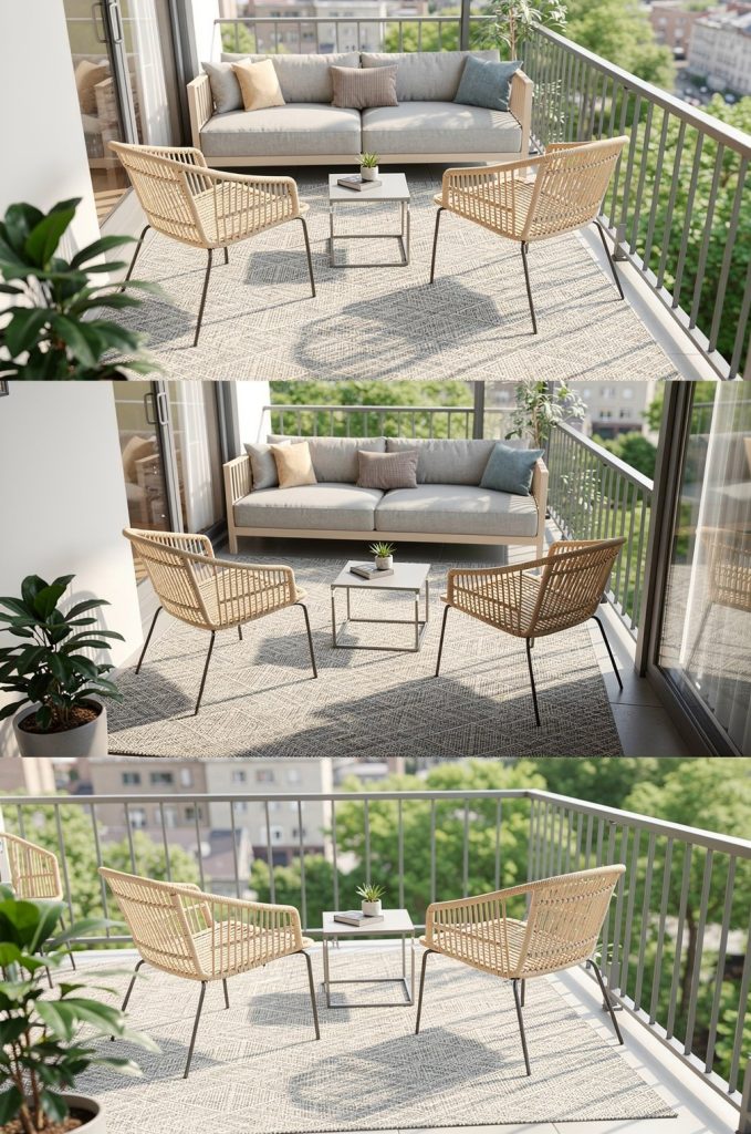 modern balcony seating area with outdoor rug defining a small balcony living space