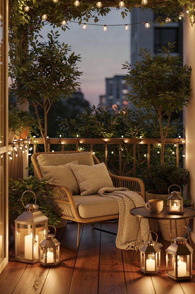 small balcony with string lights and lanterns creating cozy evening lighting