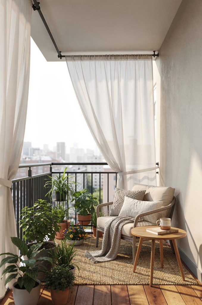 small balcony with sheer curtains and plants creating privacy and a cozy seating area