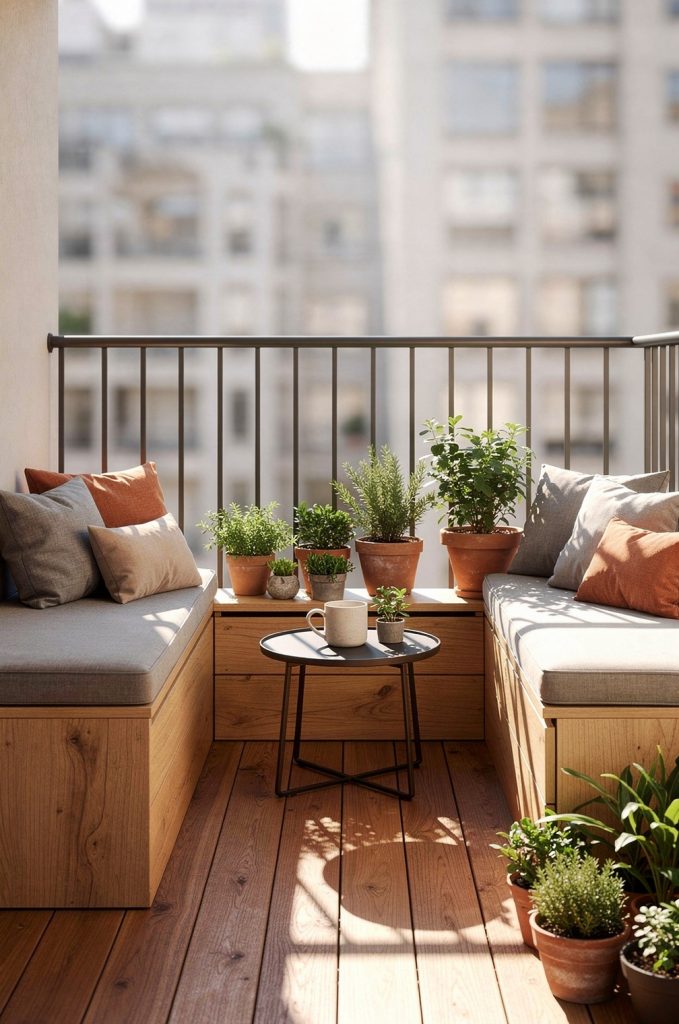 small balcony with storage benches and cushions showing multifunctional balcony furniture