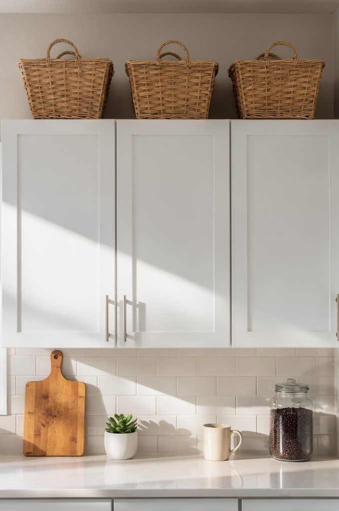 wicker storage baskets placed above kitchen cabinets