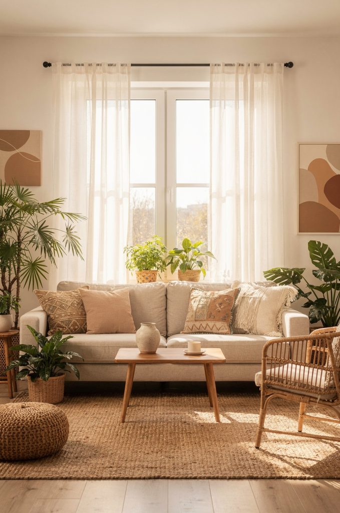 Airy minimalist boho living room with neutral sofa, jute rug, rattan chair, plants, and sheer curtains filled with natural light.