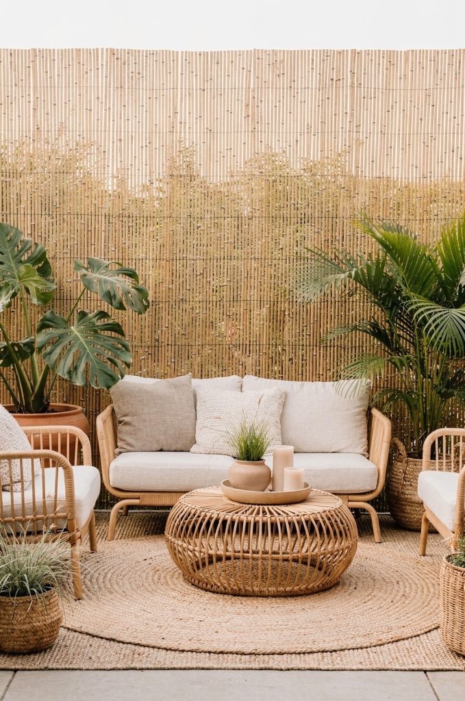 Outdoor seating area with bamboo privacy screen, rattan furniture, and woven decor in a boho patio.
