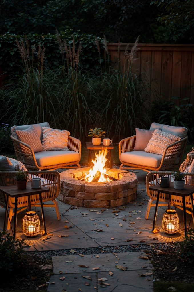 Boho patio fire pit seating area with rattan chairs, lanterns, and cozy outdoor setup at night.