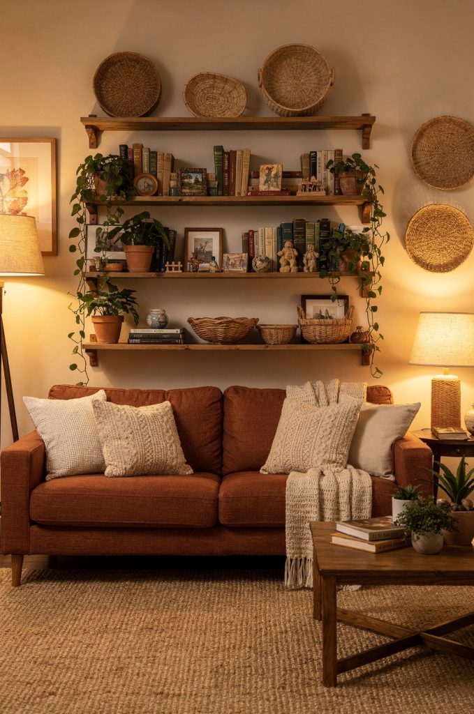 Boho living room with wooden floating shelves styled with books, plants, woven baskets, and decor above a terracotta sofa.