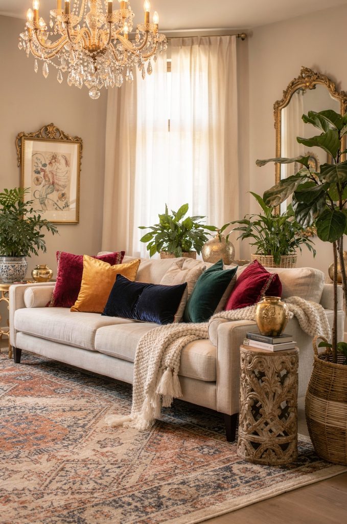 Boho glam living room featuring a crystal chandelier, neutral sofa with jewel-toned velvet pillows, vintage rug, and gold accents.