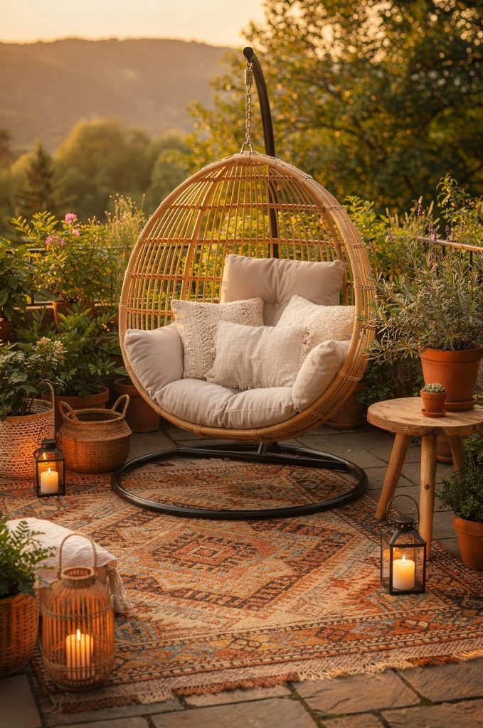 Boho patio with rattan hanging chair, cozy cushions, lanterns, and patterned outdoor rug.