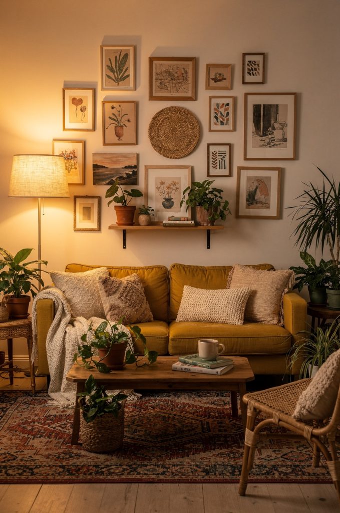 Gallery wall with mixed framed artwork and woven decor above a mustard sofa in a boho living room.