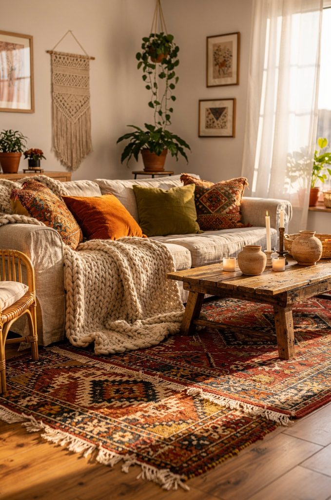Layered Persian-style rugs beneath a rustic wooden coffee table and neutral sofa in a boho living room.
