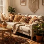 Boho living room with layered textiles, vintage rug, macrame wall art, and cozy natural decor.