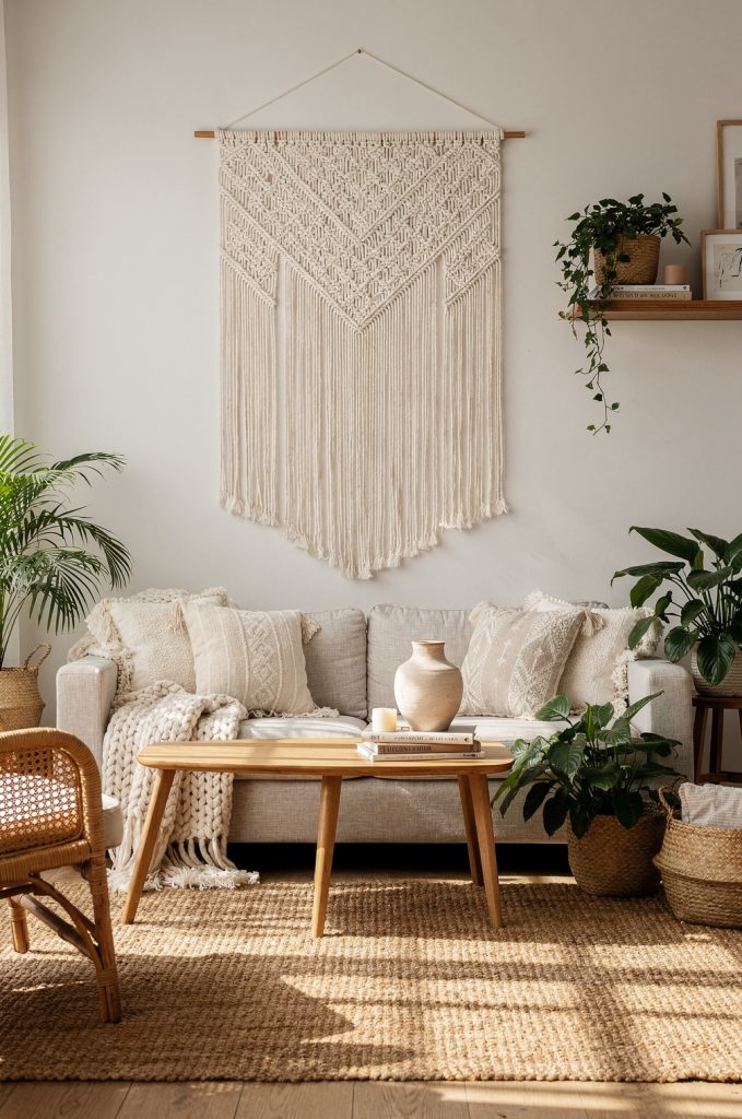 Large macrame wall hanging used as wall decor above a neutral sofa in a modern boho living room.