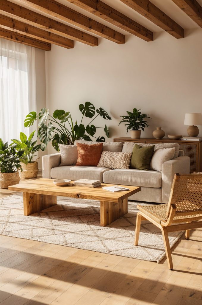 Modern boho living room with exposed wooden ceiling beams, wooden coffee table, neutral sofa, indoor plants and natural textures.