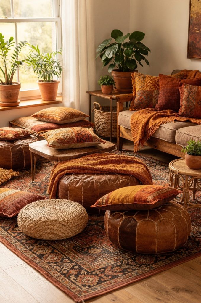 Leather poufs and floor cushions arranged around a low table in a cozy boho lounge-style living room.