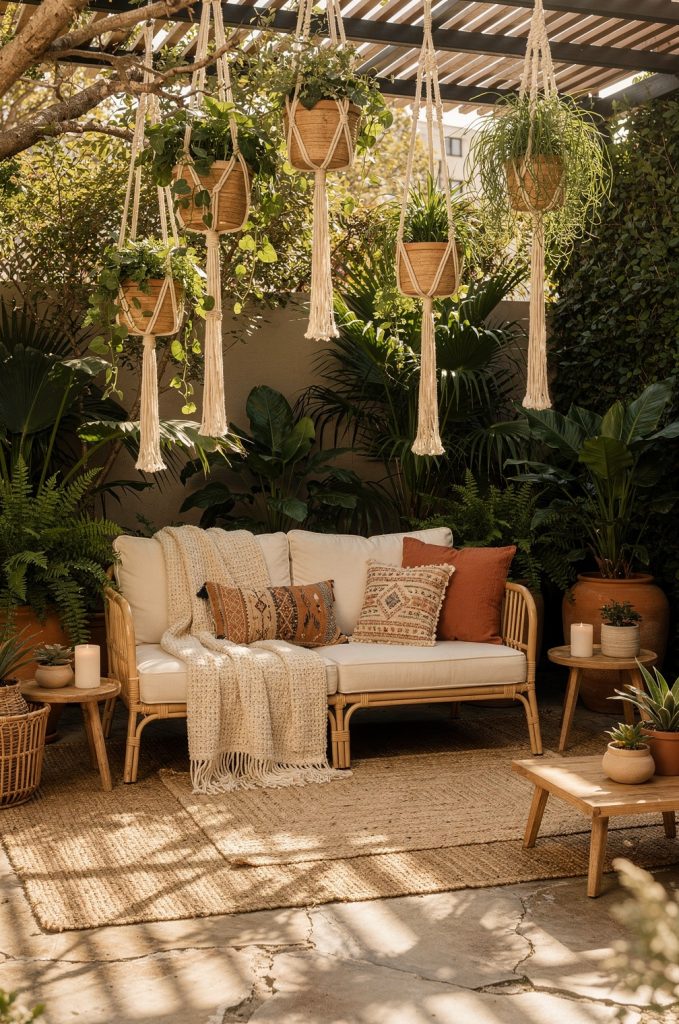 Boho patio with macrame hanging plant planters above a rattan outdoor sofa surrounded by lush greenery.
