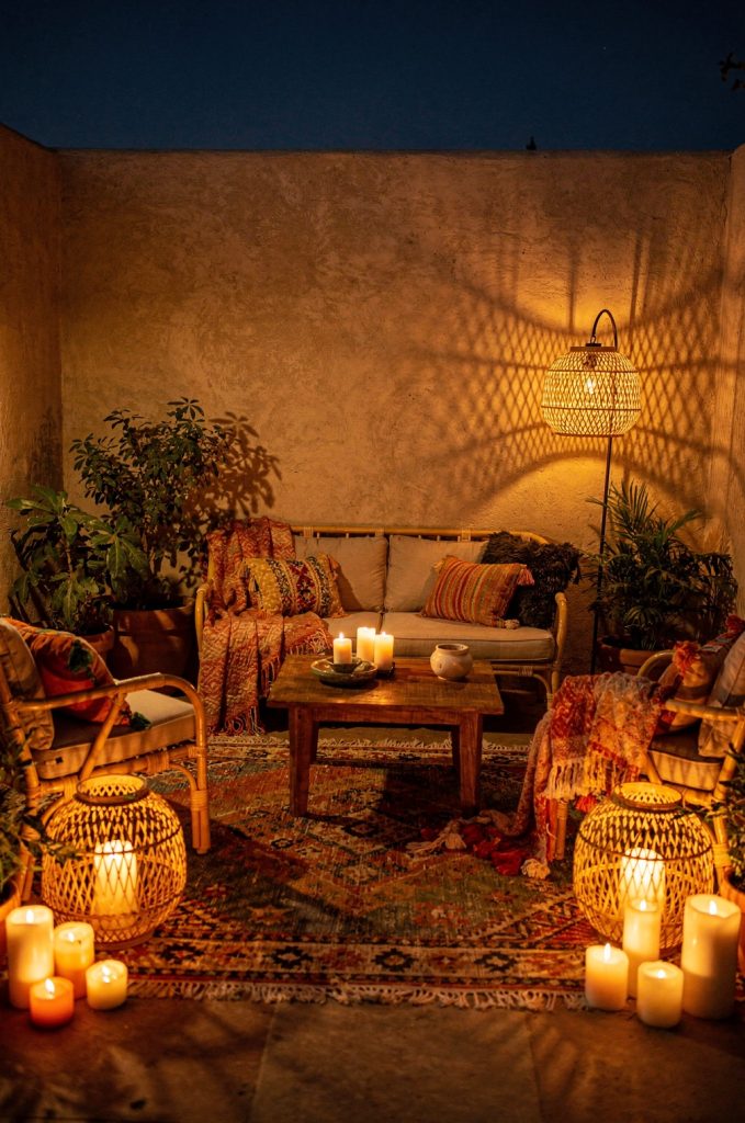 Boho patio with woven lanterns, candles, and cozy outdoor seating illuminated at night.