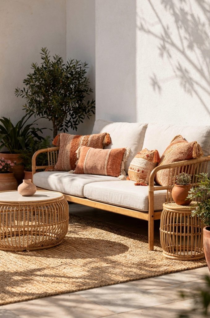Modern boho patio with rattan sofa, neutral cushions, and terracotta throw pillows.