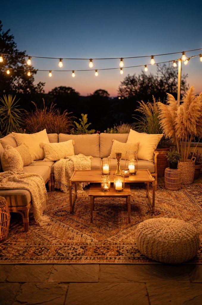 Boho patio with string lights, cozy outdoor sofa, candles, and layered rug at sunset.