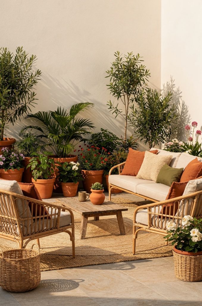 Boho patio seating area with rattan furniture surrounded by terracotta plant pots and greenery.