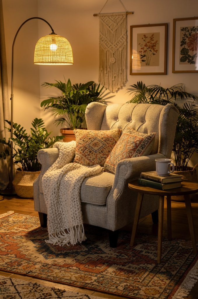 Boho reading nook with armchair, knit throw, patterned pillows, woven floor lamp, plants, and macrame wall hanging.