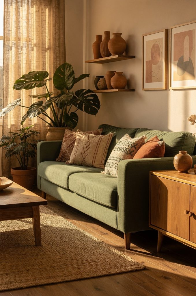 Floating shelves styled with terracotta pottery and natural decor above a sage green sofa in a boho living room.