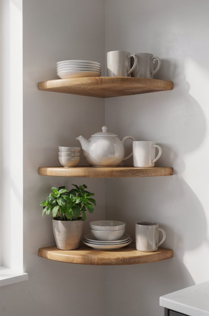 corner floating shelves storing dishes mugs and a small herb plant