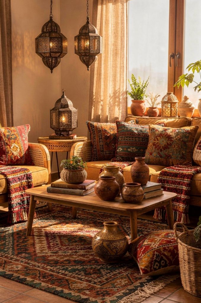 Moroccan lanterns and patterned textiles creating a global boho living room with warm lighting and handcrafted decor.