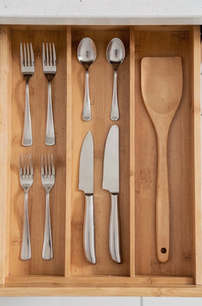 wooden kitchen drawer organizer with dividers for utensils
