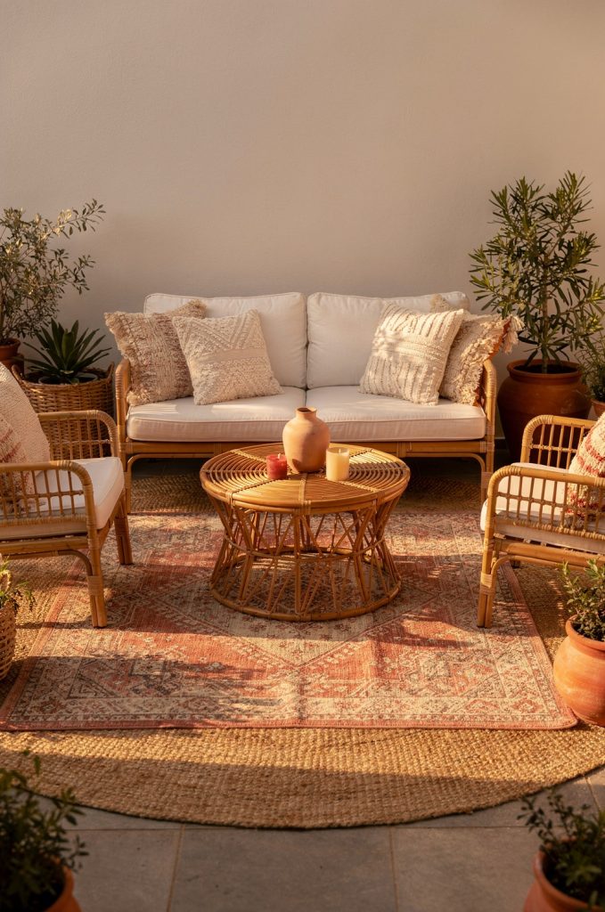 Layered boho patio rugs with rattan furniture, patterned outdoor rug over jute rug, and cozy neutral outdoor seating area.