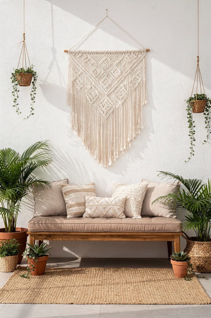 Large macrame wall hanging above a wooden bench with neutral cushions on a modern boho patio.