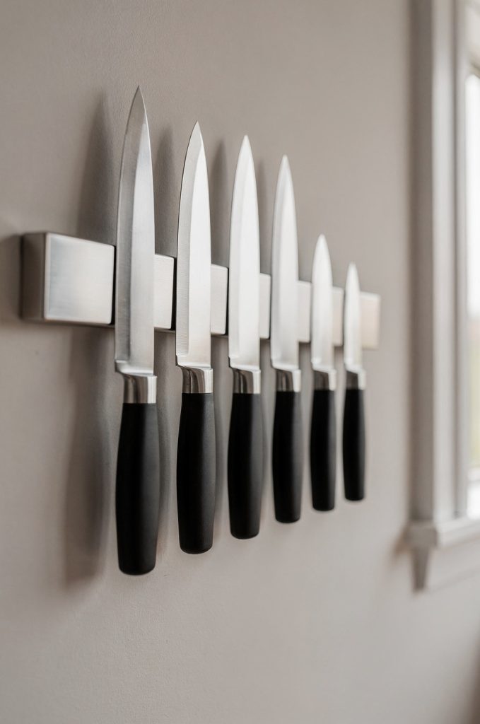 magnetic knife strip mounted on kitchen wall with chef knives