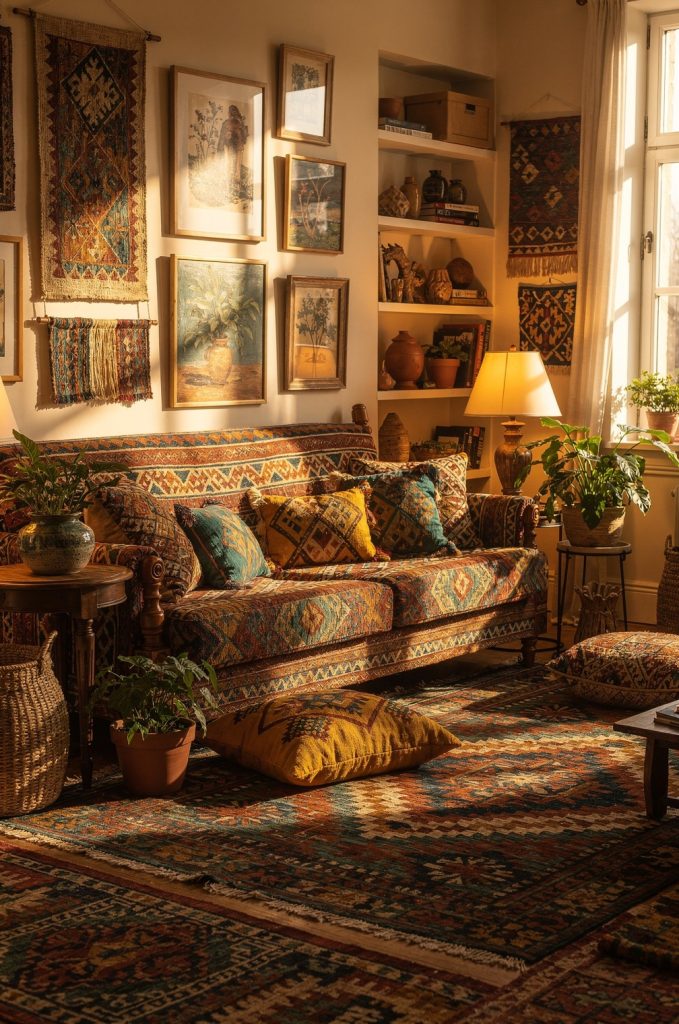 Maximalist boho living room with mixed patterned sofa, tribal pillows, vintage rug and eclectic wall art.
