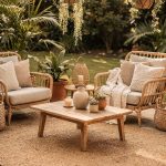 Boho patio setup with rattan lounge chairs, neutral cushions, and woven textures in a cozy outdoor space.