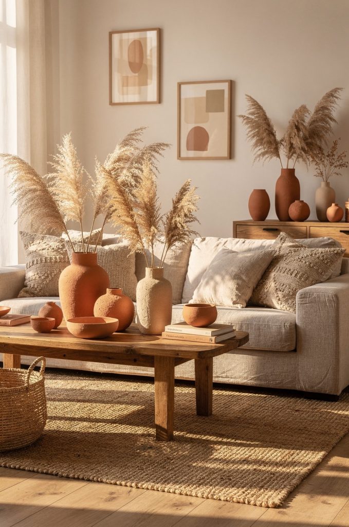 Pampas grass in ceramic vases decorating a neutral modern boho living room with natural textures and soft earthy tones.