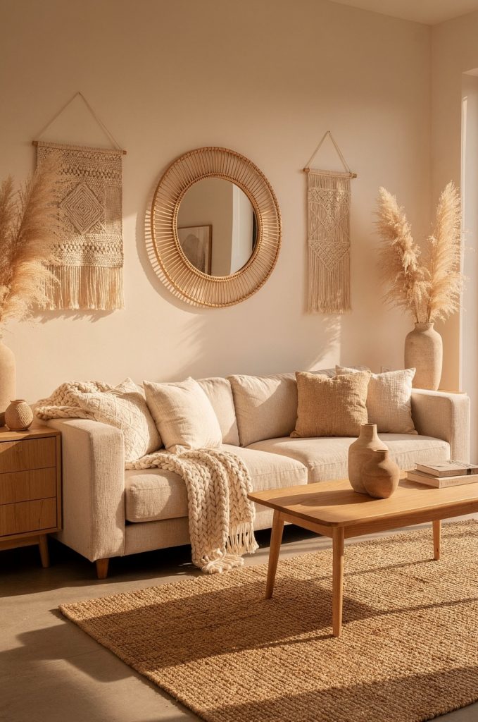 Neutral boho living room with beige sofa, macrame wall decor, rattan mirror and jute rug in Scandinavian boho style.
