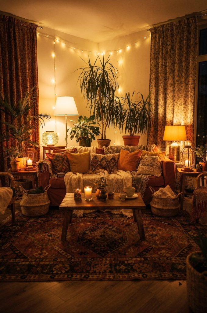 String lights, lanterns, and candles creating warm ambient lighting in a romantic boho-style interior.