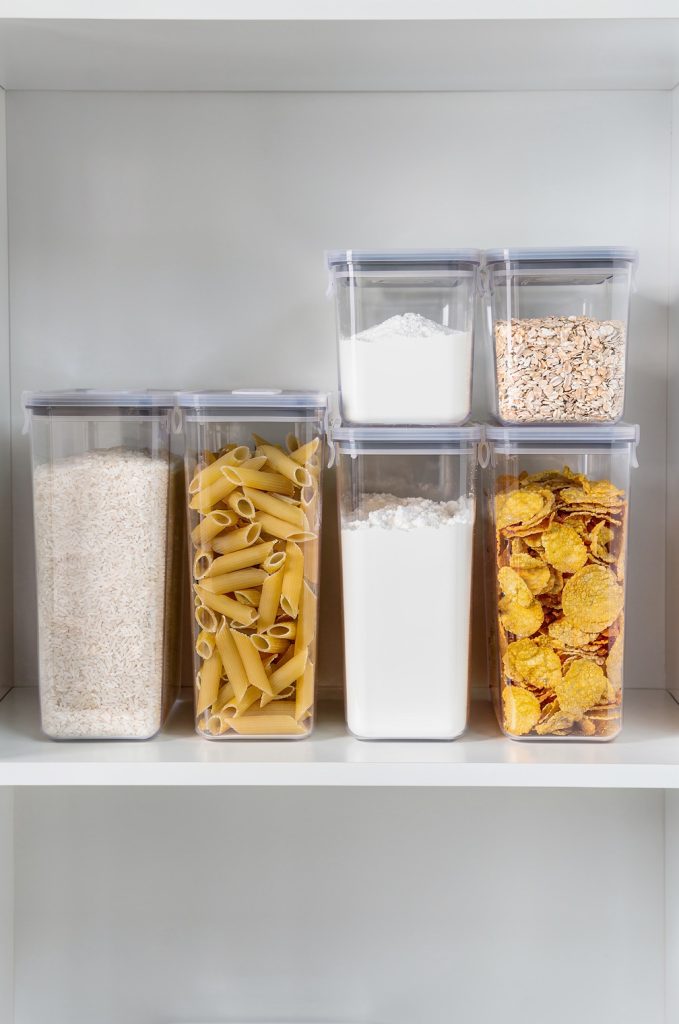 stackable pantry containers organizing rice pasta and cereal