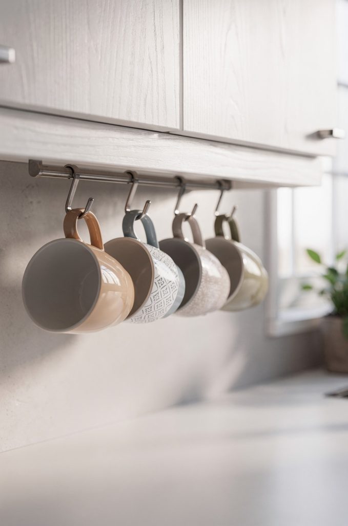 coffee mugs hanging on hooks under kitchen cabinets