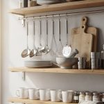 Small kitchen organization ideas featuring vertical wall storage shelves and hanging utensils.