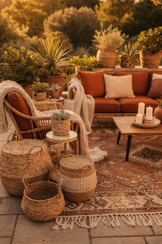 Boho patio with woven baskets used for storage, rattan chair, and cozy outdoor seating area.