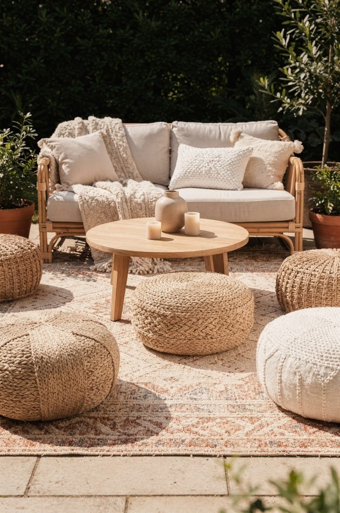 Boho outdoor seating area with woven poufs around a wooden coffee table and rattan sofa.