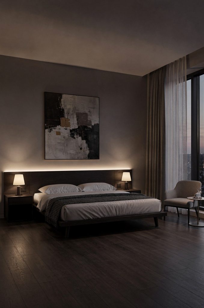 Bedroom with backlit headboard, neutral tones, and soft lighting creating a calm modern atmosphere.
