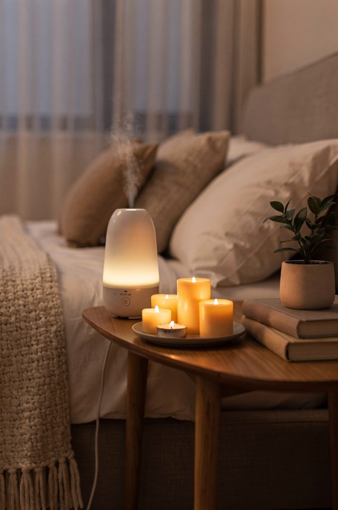 Bedside table with candles, aroma diffuser, books, and plant creating a warm and relaxing nighttime ambiance.