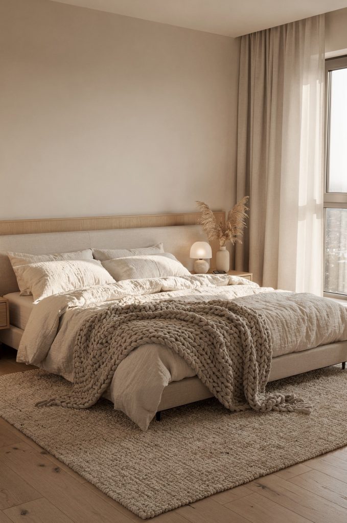 Bedroom with layered textures including knit throw, linen bedding, soft rug, and neutral tones creating a warm and cozy feel.