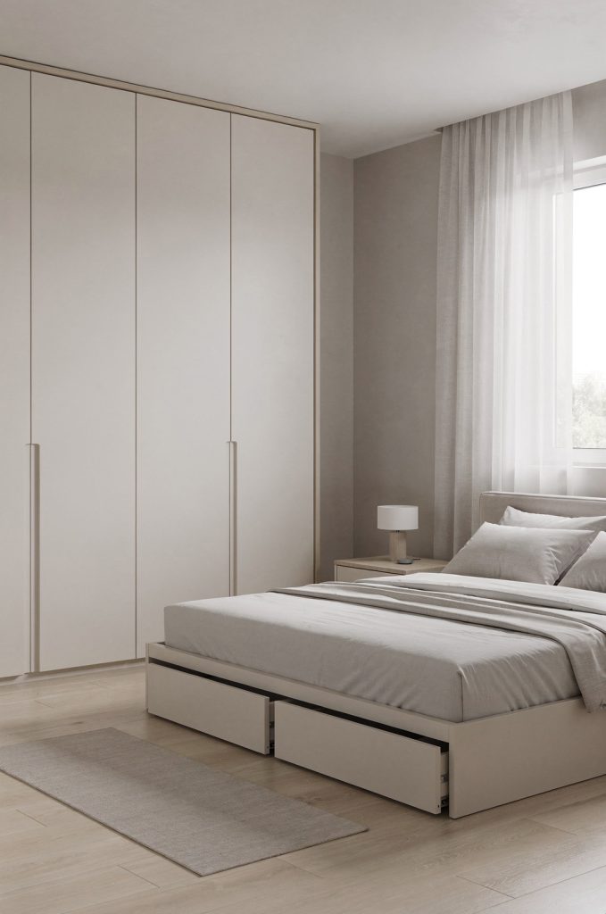 Bedroom with built-in wardrobe and under-bed storage drawers, featuring a clean layout and neutral tones.