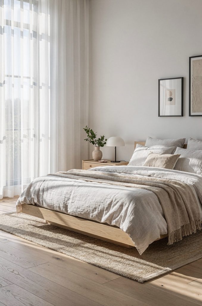 Bedroom with natural light, sheer curtains, light wood bed frame, and neutral tones creating a bright and airy feel.