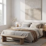 Calming modern bedroom with neutral tones, low-profile bed, soft lighting, and minimalist decor.