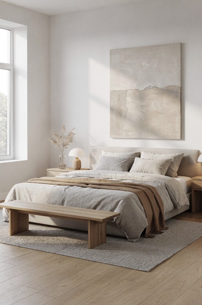 Calming modern bedroom with neutral color palette, low-profile bed, soft bedding, natural light, and minimalist decor.